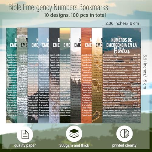 Motiskyy 100 Pcs Emergency Numbers Bookmarks Gifts Christian Bookmarks Bulk Bible Verse Cards Inspirational Scripture Cards Bulk for Church Members Sunday School Gifts (Spanish) - style: Spanish