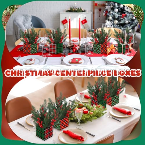 Zeyune 4 Set Christmas Centerpiece for Table Bulk, 4.7 Inch Xmas Centerpiece Decoration Ideal with Artificial Pine Branches and Red Berries Stems for Xmas Party Indoor Home Decor (Christmas Plaid) - style: Classic