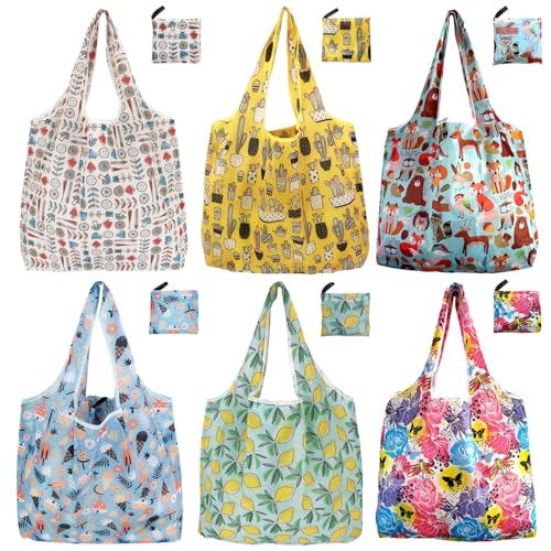Reusable Grocery Bags, 6 Pack Foldable Shopping Bags Colorful Printed - color: Lemon 6 Pack