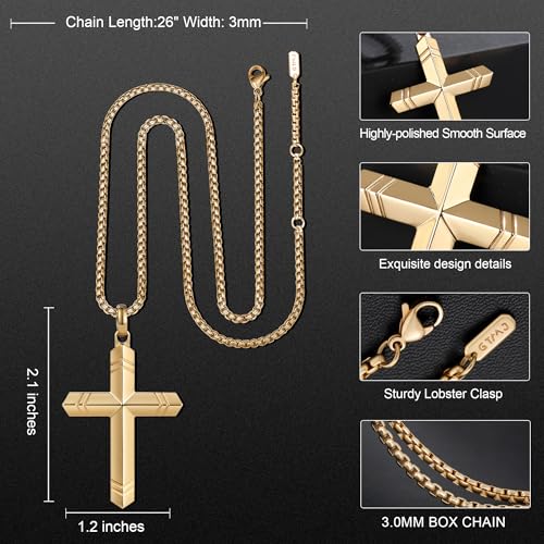 Stainless Steel Cross Necklace for Men with Adjustable Box Chain Christian Cross neckalce Gift - color: Gold-B