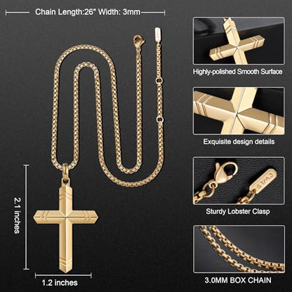 Stainless Steel Cross Necklace for Men with Adjustable Box Chain Christian Cross neckalce Gift - color: Gold-B