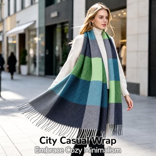 Loritta Winter Scarf for Women, Long Plaid Shawl Wraps Scarves Gifts - color: J-green Water Blue Plaid
