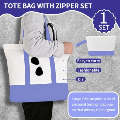2-Pack Canvas Tote Bags and Makeup Bags, Cotton Zipper Bag, Purple - color: Purple/White