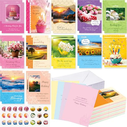 Motiskyy 120 Pack Religious Christian Birthday Cards Bulk with Scripture Bible Verse 4.5 x 6.2 Inch Assorted Christian Blessing Greeting Card for Birthday with Envelopes and Stickers (Warm Style) - style: Warm Style