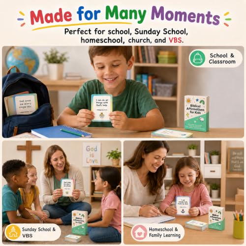 Biblical Affirmation Cards, 63 Scripture-Based Flash Cards Christian Encouragement & Positive Affirmations for Daily Faith, Back to School Gifts, Sunday School, VBS & Homeschool Supplies