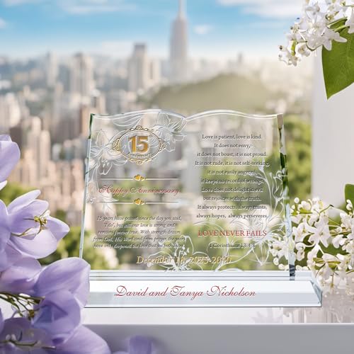 Personalized Bible Shaped Crystal Gift for 15th Anniversary for Him or for Her, Customized with 1 Corinthians and Couple Names, Unique Religious Crystal Gift for Wedding Anniversary (L - 12") - size: L - 12"