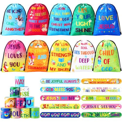 Frienda 20 Pcs Christian Party Favors Includes 10 Bible Verse Drawstring Backpack Bags and 10 Religious Slap Bracelets for VBS Birthday Gifts Church Sunday School Prizes Supplies(Classic) - style: Classic