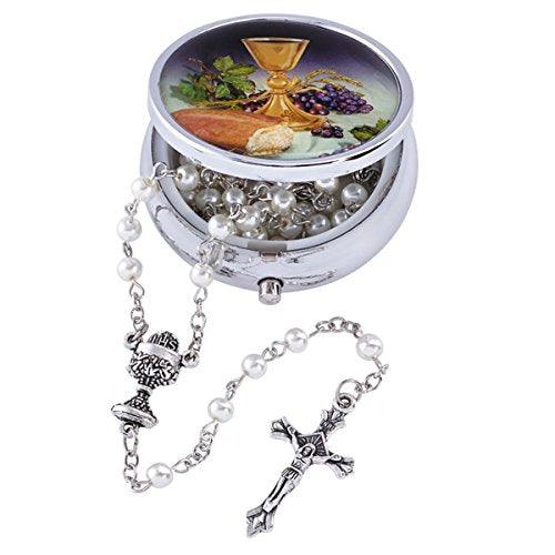 Acrylic Prayer Bead First Communion Rosary with Body of Christ Case, 18 Inch - color: White