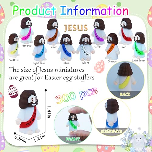 300 Pack Little Jesus Figures Easter Mini Rubber Toys to Hide and Seek, Pocket Jesus Love You Miniatures Religious Party Favors Baptism Gifts Sunday School Easter Egg Stuffers - color: 10-color *300