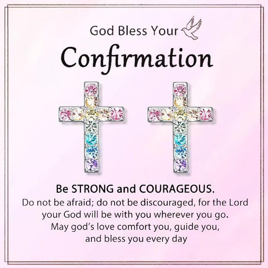 Cross Stud Earrings for Women,Cubic Zirconia Rainbow Cross Earrings Gifts Jewelry for Sensitive Ears,Communion Birthday Baptism Gifts for Girls - color: Confirmation