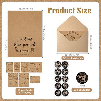 Affrolling 50 Pcs Kraft Christian Thank You Cards with Envelopes Stickers - style: Kraft