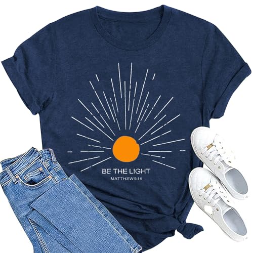 MAIHUN Christian Shirt Womens Be The Light Tshirt Sunburst Vintage Bible Verse Tee Top - color: Blue, size: X-Large
