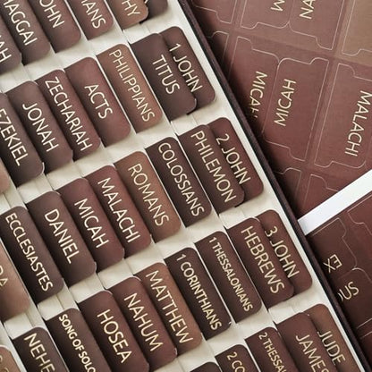 Laminated Bible Tabs for Women and Men, Gold Foil Embossed Lettering - style: Earthy Brown