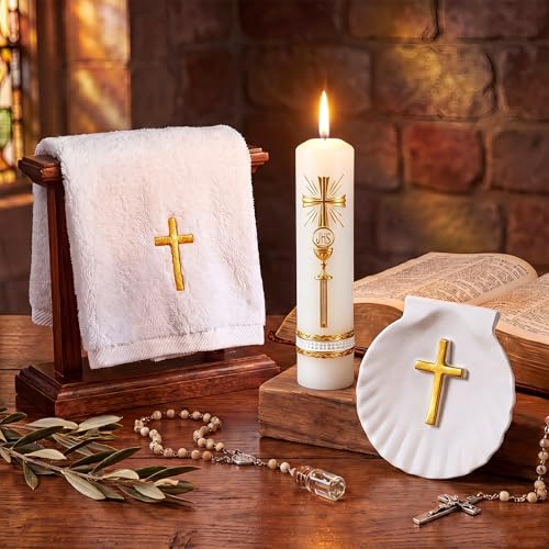 3 Pcs Baptism Candle Set First Communion Candle, Cross, Gold