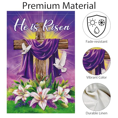 He is Risen Easter Garden Flag 12x18 Inch Double Sided Burlap, Christian Religious Easter Cross Lily Flower White Dove Yard Sign Spring Holiday Outdoor Decoration