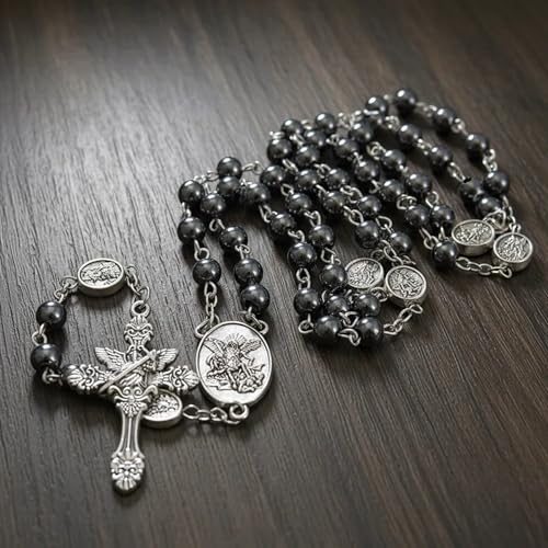 Nazareth Store St Michael Rosary Hematite Stone Beads Necklace Metal Beaded Glory Beads Archangel Medal & Cross with Metal Gift Box - color: Silver | St.Michael Cross