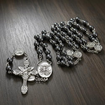 Nazareth Store St Michael Rosary Hematite Stone Beads Necklace Metal Beaded Glory Beads Archangel Medal & Cross with Metal Gift Box - color: Silver | St.Michael Cross