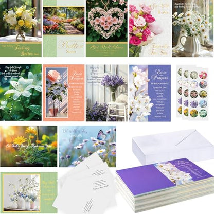 Motiskyy 24 Pack Christian Get Well Cards with Envelopes and Stickers Religious Get Well Greeting Cards Bulk with Scripture Encouragement Blessing 4.5 x 6.2 Inch (Nature Flower)