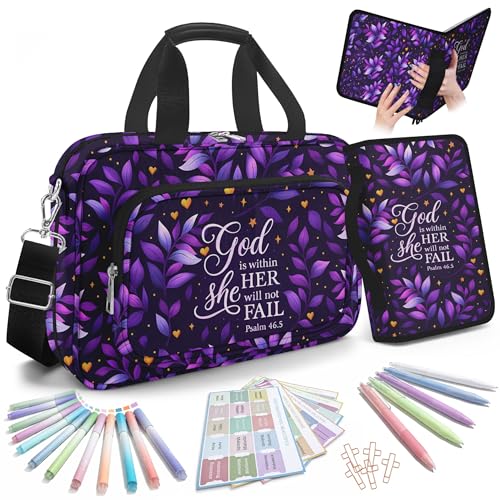 Bible Cover Case for Women with Large Bible Bag, Bible Cover with Journaling Kit & Shoulder Strap, Pens and Highlighters Cross Clips for Bible Study & Church, Christian Gift for Women