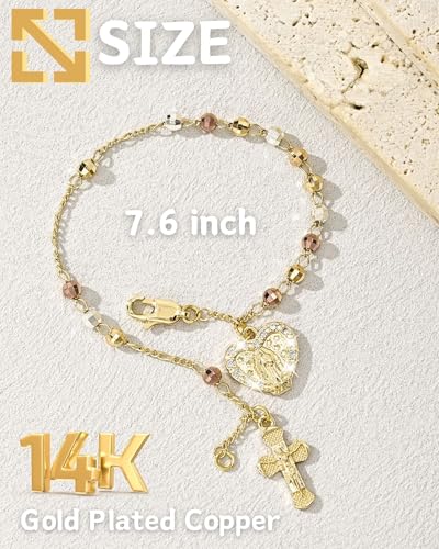 J&H DiaJuvelo Catholic Rosary Bracelet for Women 14K Gold Virgin Mary Rosarios Jesus Cross Charm Link Chain Virgen de Guadalupe Religious Jewelry Gifts for Confirmation Baptism First Communion - style: Gold Rosary B