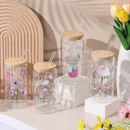 Mumufy 4 Pack Christian Flower Glass Cup, 16 oz Tumbler Mug with Bamboo Lid - style: Christian Flower