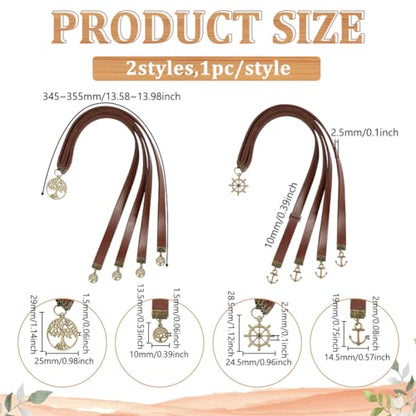FINGERINSPIRE 2 Styles Leather Ribbon Bookmark 13.7x0.4 inch Cowhide Leather Bookmarks with 4 Ribbon Alloy Anchor Helm Tree of Life Pendant Saddle Brown Leather Bookmark for Women Men Book Lovers - color: Anchor & Life Tree Pendant