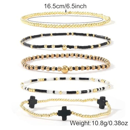 Gold Beaded Bracelets Stack for Women Stackable 14K Gold Plated Beads Ball Cross Bracelet Boho Christian Jewelry Faith Friendship Birthday Gifts for Women - color: Black