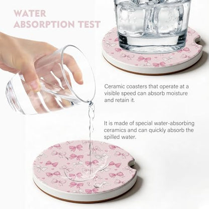 2 Pack Car Coasters for Cup Holders, Cute Car Accessories Interior - color: Bow