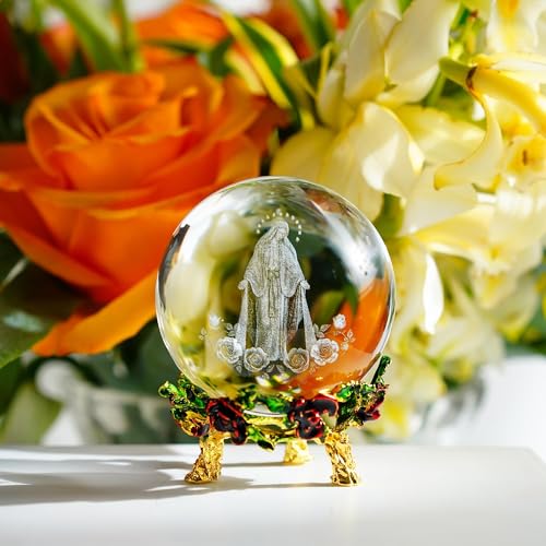 3D Cross Crystal Ball Religious Gift with Stand Christian Decor 2.3in - style: Virgin Mary