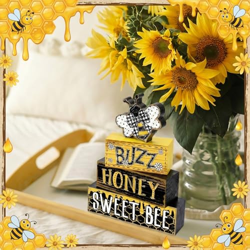Britimes Tiered Tray Decor Set, 4 Pack, Wooden Table Sign, Daisy Farmhouse - style: Sweet Honey