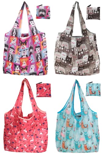 Noilk4 Pack 50Lbs Foldable Large Washable Market Bags, Compact Easy Storage - color: Animals 4 Pack