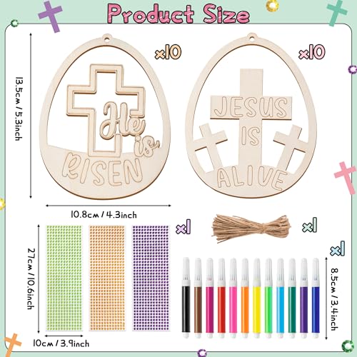 BeYumi Easter Wooden Ornament Craft - 20Pcs Jesus is Risen DIY Wooden Eggs Ornaments Craft Kit for Kids Make Your Own Christian Religious Easter Egg Set with Gem Sticker Party Decoration Supplies - style: Easter Egg