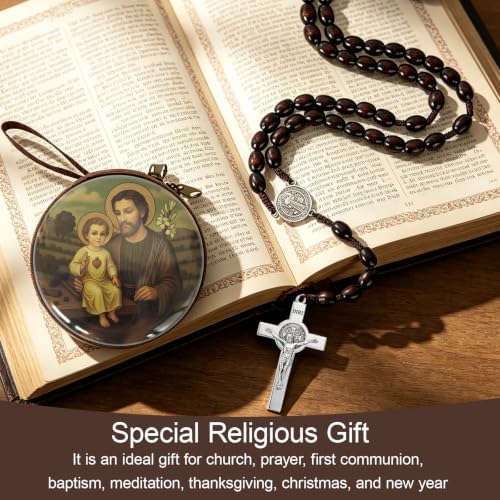 Wooden Catholic Rosary Beads, Rosarios Catolicos with Decorative Prayer Box - color: Brown (8)