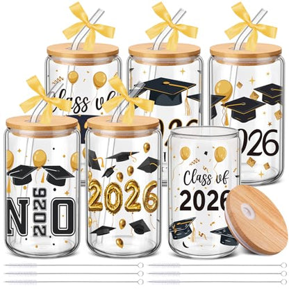 SiliFine 6 Pcs Graduation Glass Cups, 16 oz with Lids and Straws - style: Graduation