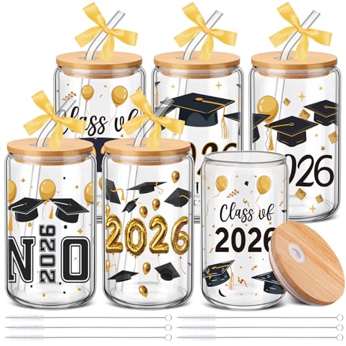 SiliFine 6 Pcs Graduation Glass Cups, 16 oz with Lids and Straws - style: Graduation