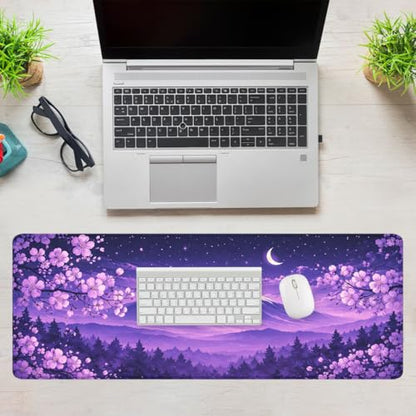 Cherry Blossoms Mouse Pad Mount Fuji Purple Sky Extended Mousepad Waterproof Stitched Edges Rubber Base Non-Slip Deskmap Computer Keyboard Mat 31.5x11.8 Inch - color: Cherry Blossoms, size: 31.5" x 11.8"