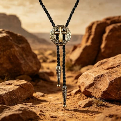 Fashionable Cross Bolo Tie Multi-Color Cross Shield Necktie - color: Retro Gold-style 3