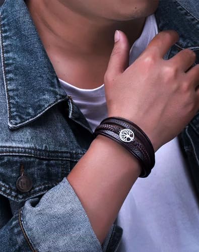 YL Mens Cross Viking Celtic Ankh Odin Compass Life Tree Leather Bracelet, 18K Gold/Black Rhodium Stainless Steel Christian Religious Protection Talisman Brown Cuff Handcrafted Jewelry Gifts - color: 18K White Gold-Life Tree-Brown, size: 8.3"(210mm)