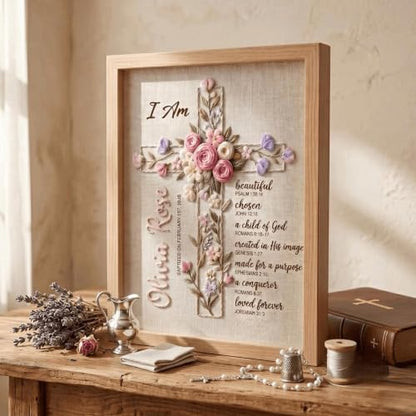 NAZENTI Custom Hand Embroidery Wooden Frame Sign Baptism Gift for Boy, Personalized Embroidered Floral Sign with Name - color: DS02