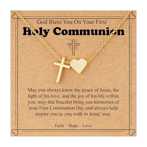 WEDDINEN First Communion Confirmation Baptism Jewelry Gifts for Teens Girls Kids,Cross Heart Necklace for Women Girls Christian Religious Stuffers Jewelry Gifts for Kids - style: First Communion-Gold