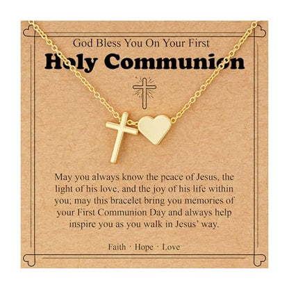 WEDDINEN First Communion Confirmation Baptism Jewelry Gifts for Teens Girls Kids,Cross Heart Necklace for Women Girls Christian Religious Stuffers Jewelry Gifts for Kids - style: First Communion-Gold