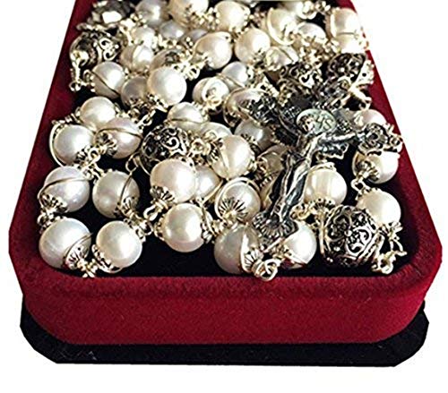 elegantmedical Wire Wraped Bali 925 Sterling Silver Pearl Beads Rosary Necklace Cross