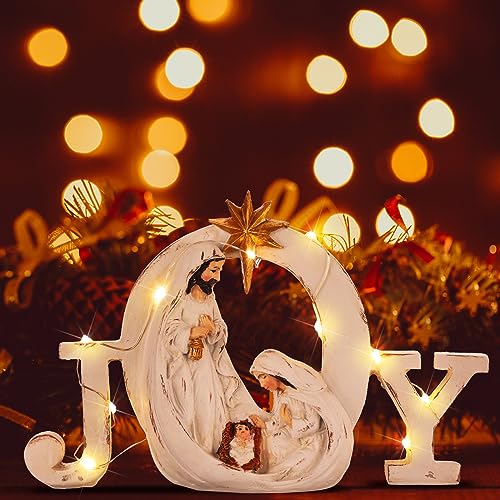 Soaoo Christmas Nativity Scene with LED String Lights Nativity Figure Set Holy Family Manger Christmas Decoration Light up Decor for Indoor Tabletop Mantle Fireplace(Joy)