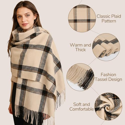 Loritta Winter Scarf for Women, Long Plaid Shawl Wraps Scarves Gifts - color: U-beige Black Striped Lattice