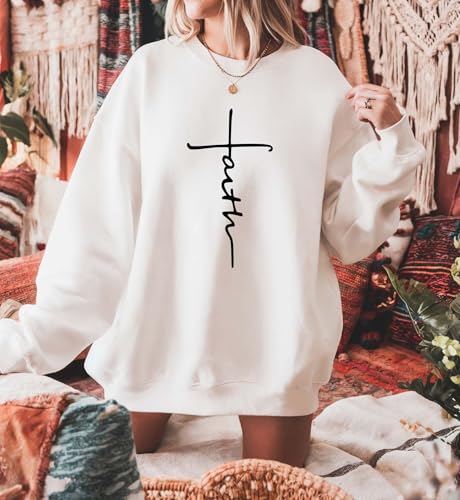 Faith Cross Sweatshirt, Christian Crewneck, Minimalist Religious Pullover, Inspirational Bible Verse Sweater, Cozy Unisex Faith Gift for Women & Me Sand