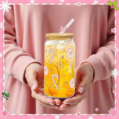 Glass Cups with Lids and Straws, 6Pack, 16oz, Christmas - style: Christmas Gingerbread