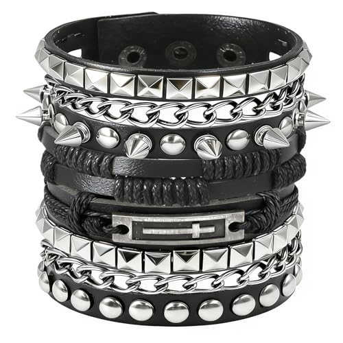 4 Pcs Leather Cuff Bracelets for Men with Spiked Cross Studded Stars Charms - color: Black-Cross