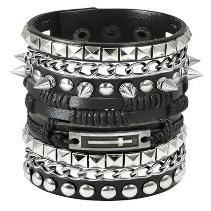 4 Pcs Leather Cuff Bracelets for Men with Spiked Cross Studded Stars Charms - color: Black-Cross