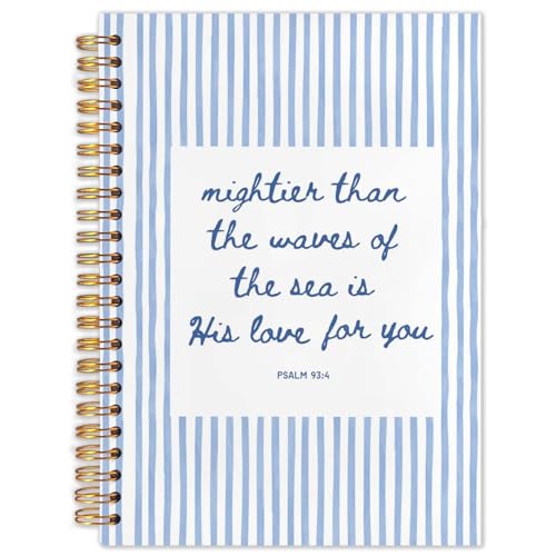 Blue Striped Christian Notebook Journal 5.5x8.3, Mightier Than the Waves Religious Bible Spiral Hardcover Journal Notebook for Prayer Church Note Taking - color: Stripe blue