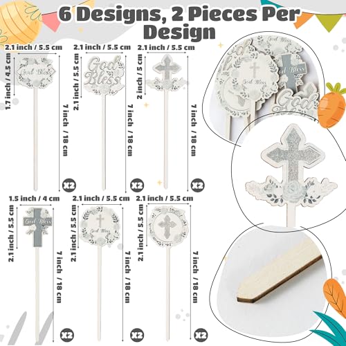 TICIAGA Floral God Bless Decorative Picks - 12PCS Religious Flower Cross Wooden Pick for Home Vase Filler Rose Greenery God Baptism Party Decor Christening Celebration, Silver - color: Silver God Bless